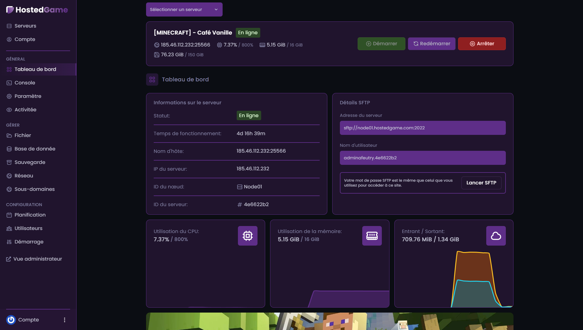 Aperçu du panel de gestion HostedGame
